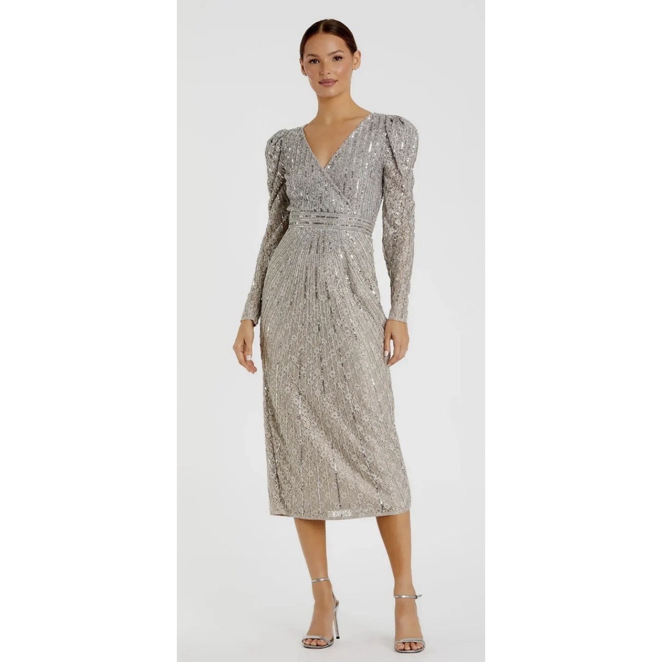 Mac Duggal Silver Beaded Lace Long Sleeve Midi Dress Size 8 5574 V Neck Sequin